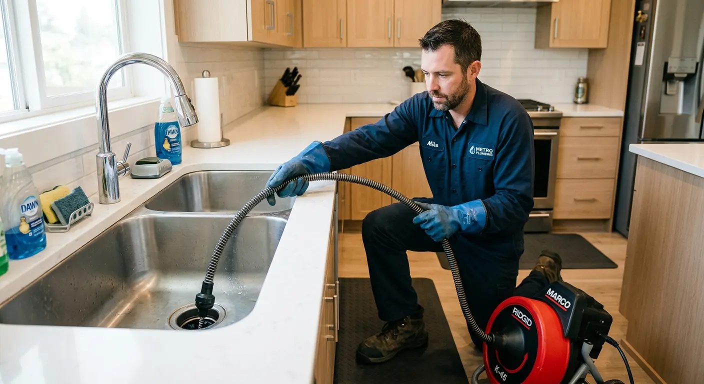 Drain cleaning technician using a motorized snake on a kitchen sink in Troy