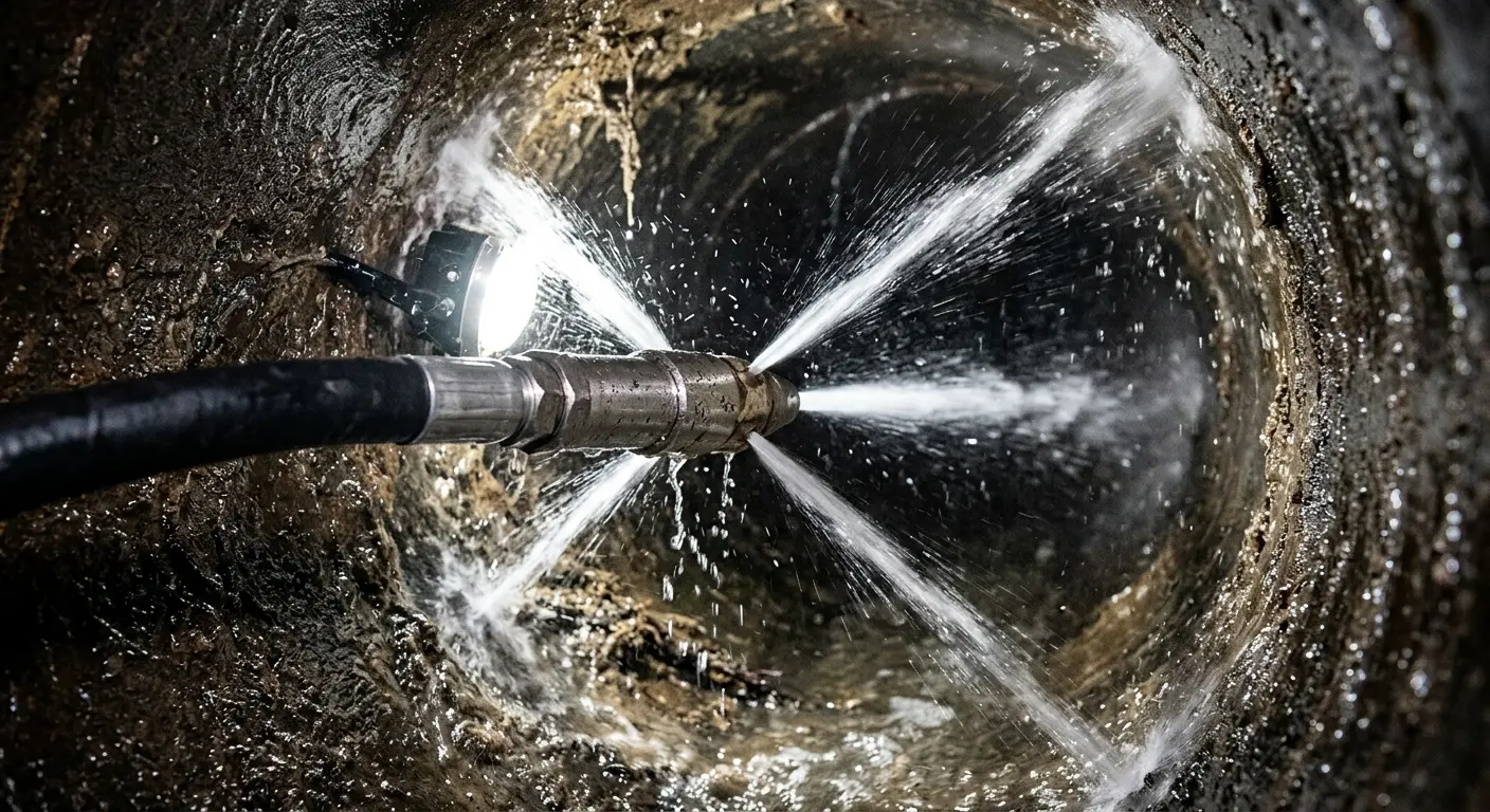 High-pressure hydro jetting nozzle cleaning sewer pipe for Sewer Cleanout in Troy